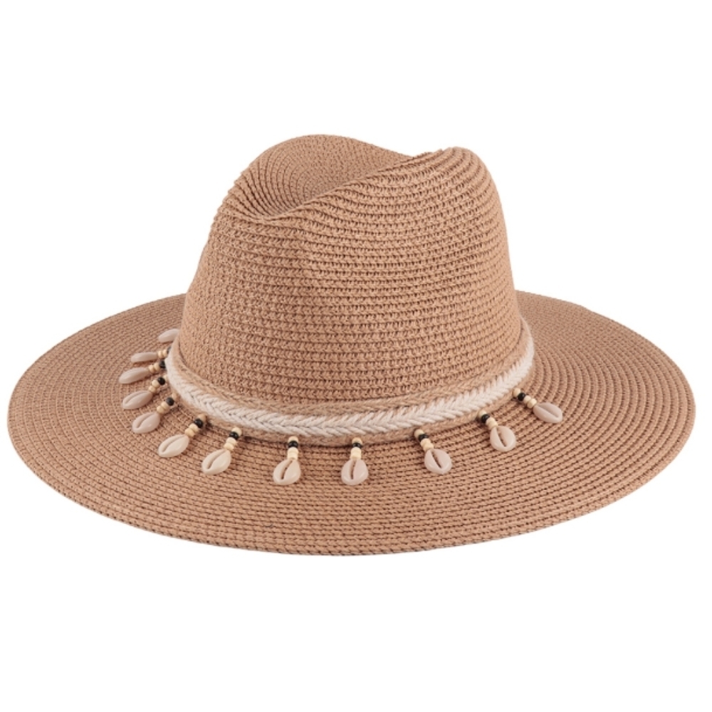 Western style Tan Floppy Hat Faux Cowrie Shell Dangling Beads Twine Boho